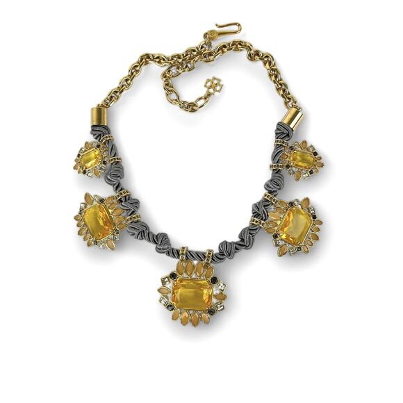 Ann Taylor Necklace Large Yellow Rhinestones Gray Twisted Satin Rope Gold Tone - Picture 2 of 10